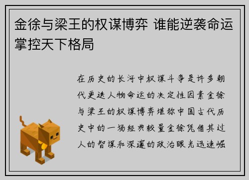 金徐与梁王的权谋博弈 谁能逆袭命运掌控天下格局